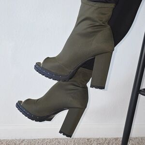 Olive Green Peep Toe Ankle Boots